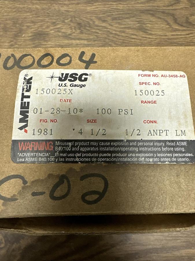 Used US Gauge,150025X,100 PSI 4 1/2"