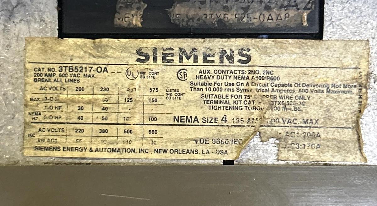 Used SIEMENS,3TB5217-OA,CONTACTOR SIZE 4 200A 600V