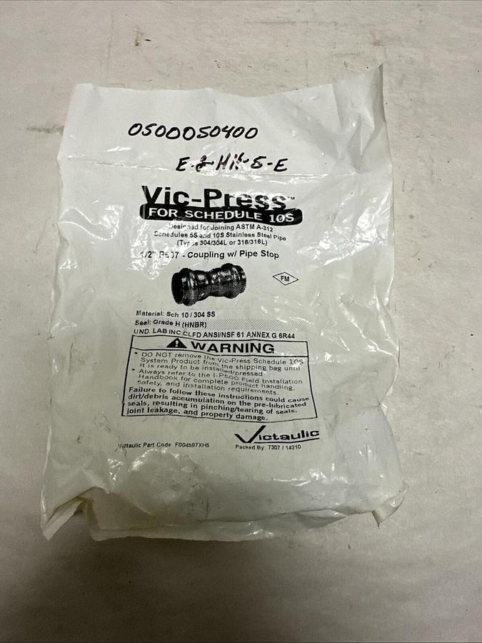 Used Vic-Press,P597,Coupling w/ Pipe Stop 1/2" SCH 10 304SS