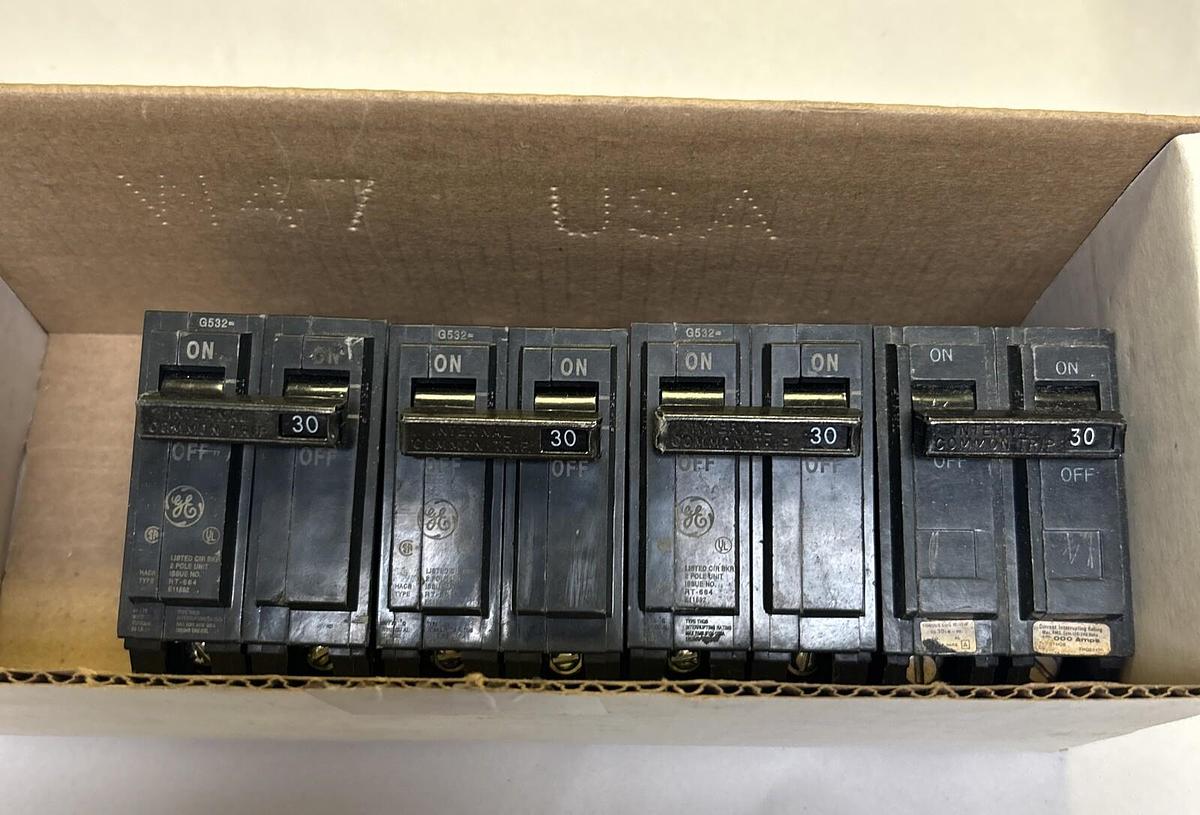 Used GENERAL ELECTRIC,THQB2130,CIRCUIT BREAKER 30A 120/240V 2P LOT OF 4