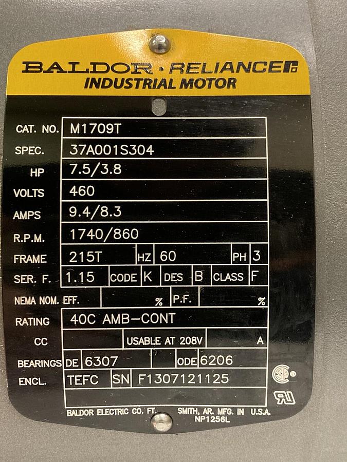 Baldor,M1709T,7.5 HP Motor 1740 RPM 460 Volts 215T Frame