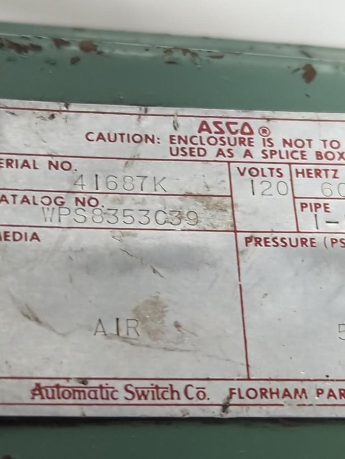 Used ASCO,WPS8353C39,DIAPHRAGM VALVE ASSEMBLY 1-1/2 INCH 6.5 WATT PRE-OWNED