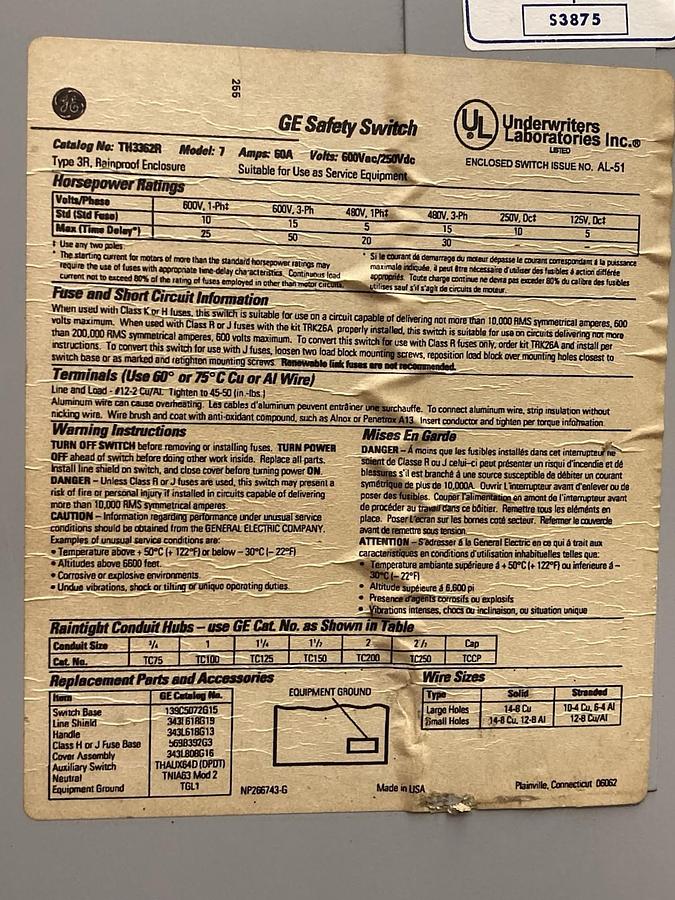 Used General Electric,TH3362R,Fusible Safety Switch 60A 600V