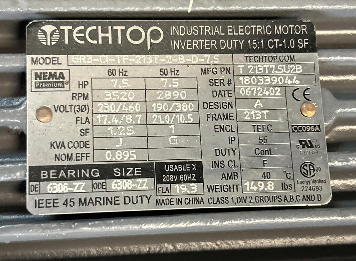 TECHTOP,GR3-CI-TF-213T-2-B-D-7.5,MOTOR 7.5HP 3520RPM 230/460V 213T FRAME