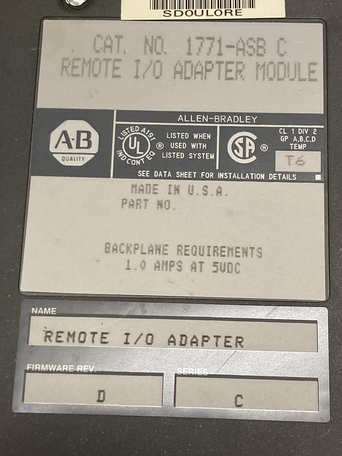 Used Allen Bradley,1771-ASB,Ser C I/O Adapter Module 1771ASB