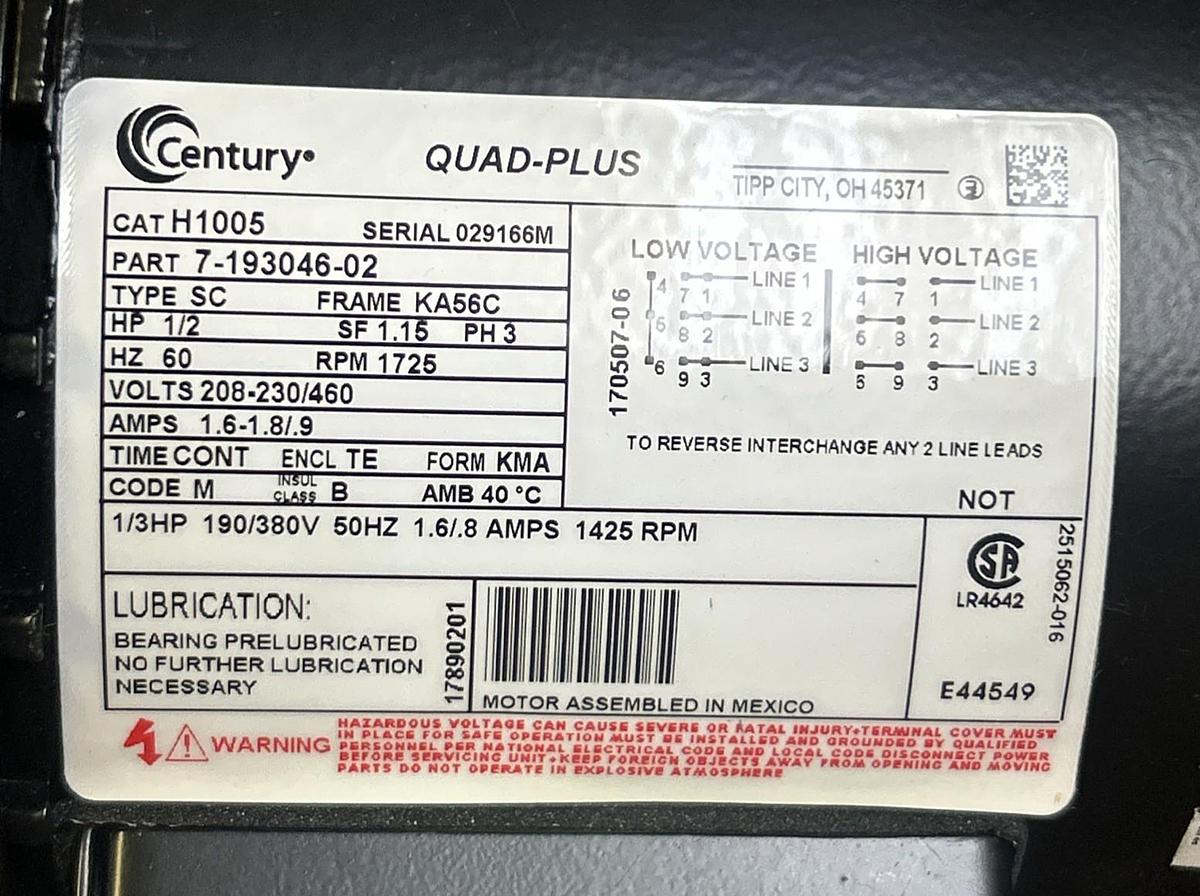 CENTURY,H1005,QUAD PLUS MOTOR 1/2HP 1725RPM 208-230/460V KA56C FRAME NOS