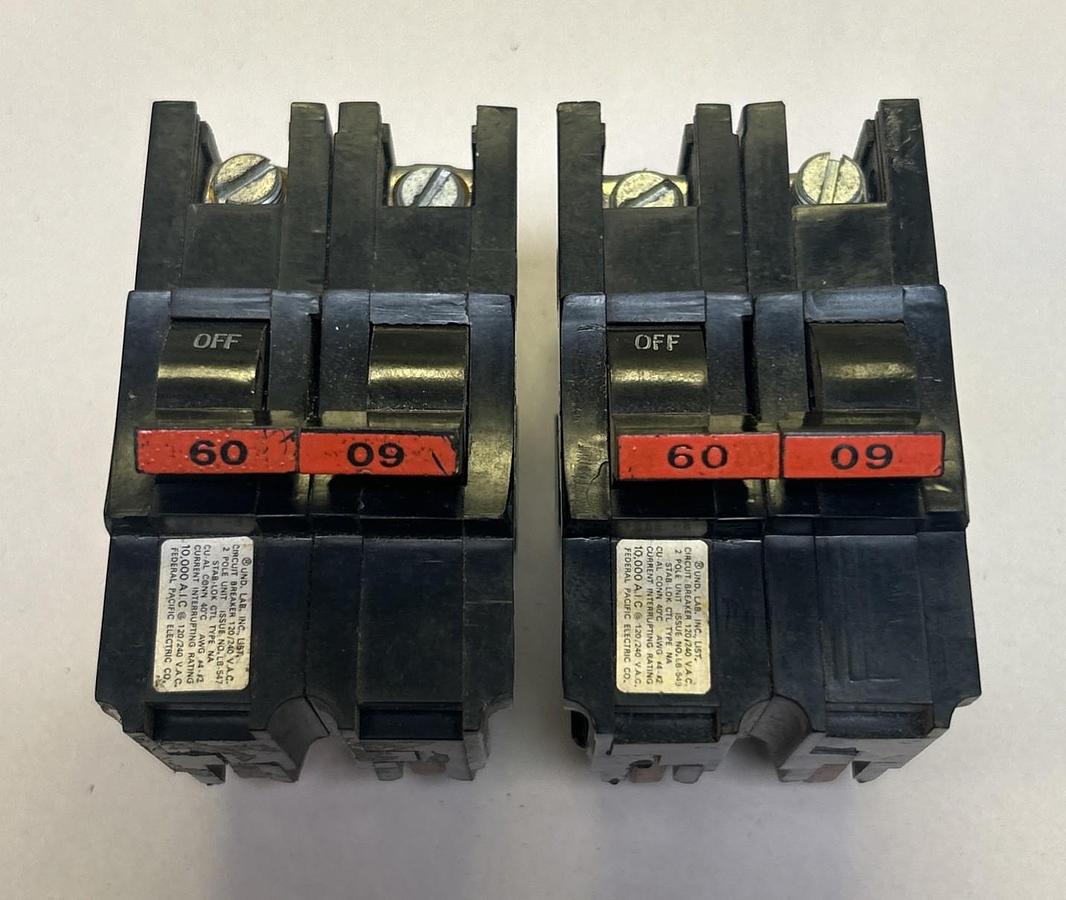 Used FEDERAL PACIFIC,NA260,CIRCUIT BREAKER 60A 120/240V 2P LOT OF 2