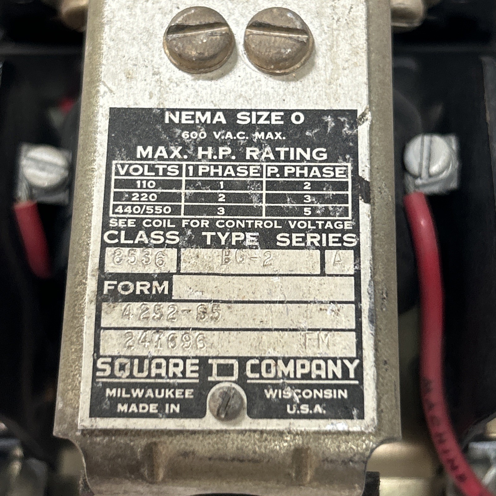 Used SQUARE D,8536-BG2,MOTOR STARTER SIZE 0