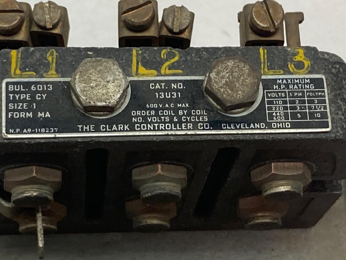 Used Clark Controller,13U31,Bul. 6013 Type CY Size 1 Contactor without Locking Box