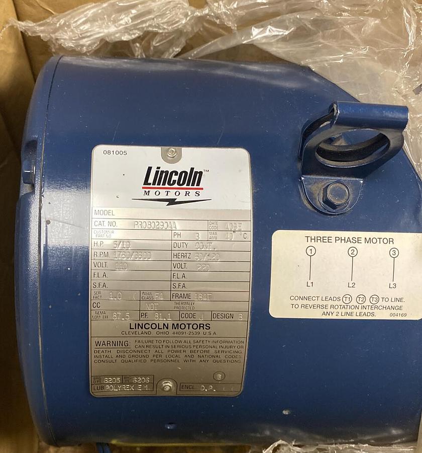 Lincoln,PR080290AA,Motor 5/10HP 1760/3600 110/220V 3 Phase Frame 184T NOS