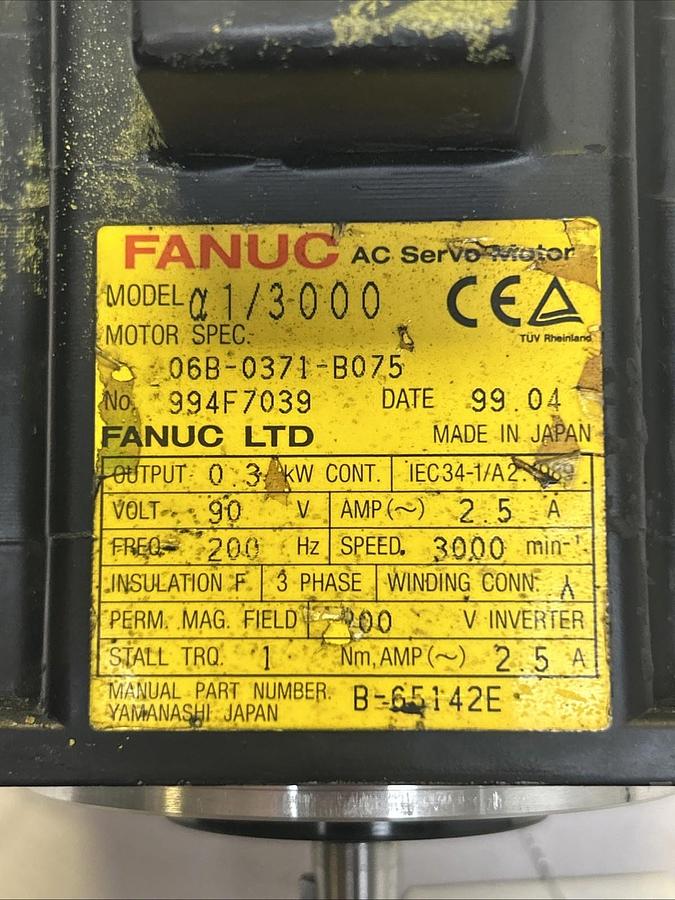 Used FANUC,A06B-0371-B075,AC SERVO MOTOR 2.5AMP 90VOLT 3000RPM
