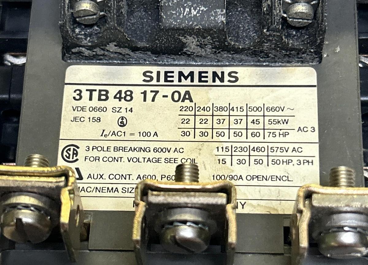 Used SIEMENS,3TB4817-0A,CONTACTOR SIZE 3 600V