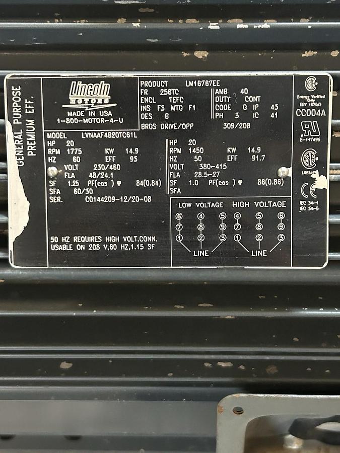 Used LINCOLN MOTOR,LVNAAF4B20TC61L,MOTOR 20HP 1775RPM 230/460V 3PH 256TC FRAME