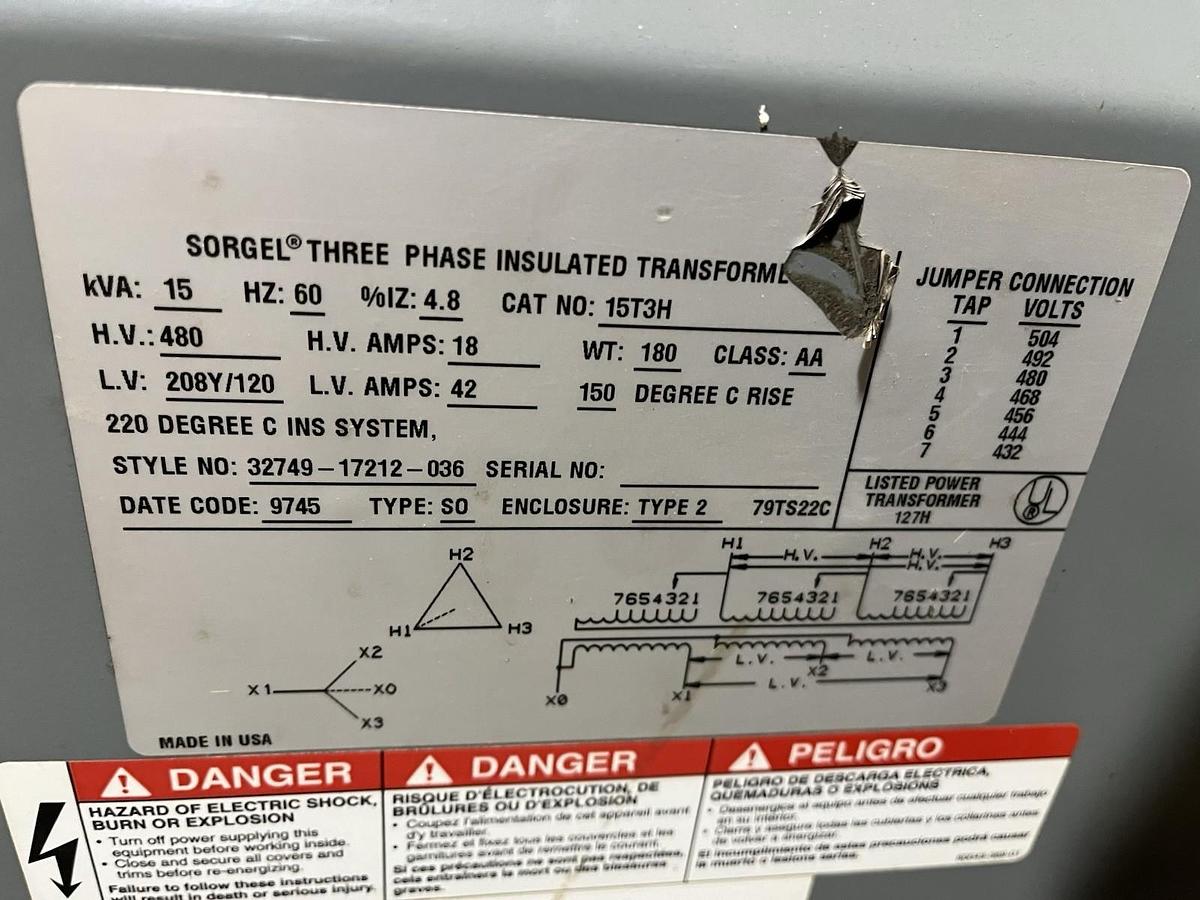 Used SQUARE D,15T3H,TRANSFORMER 15KVA TRANSFORMER H.V. 480 L.V. 208Y/120V