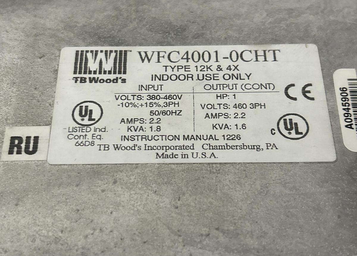 Used TB WOODS,WFC4001-0CHT,DRIVE 2.2A 460V 50/6HZ 1HP NO COVER