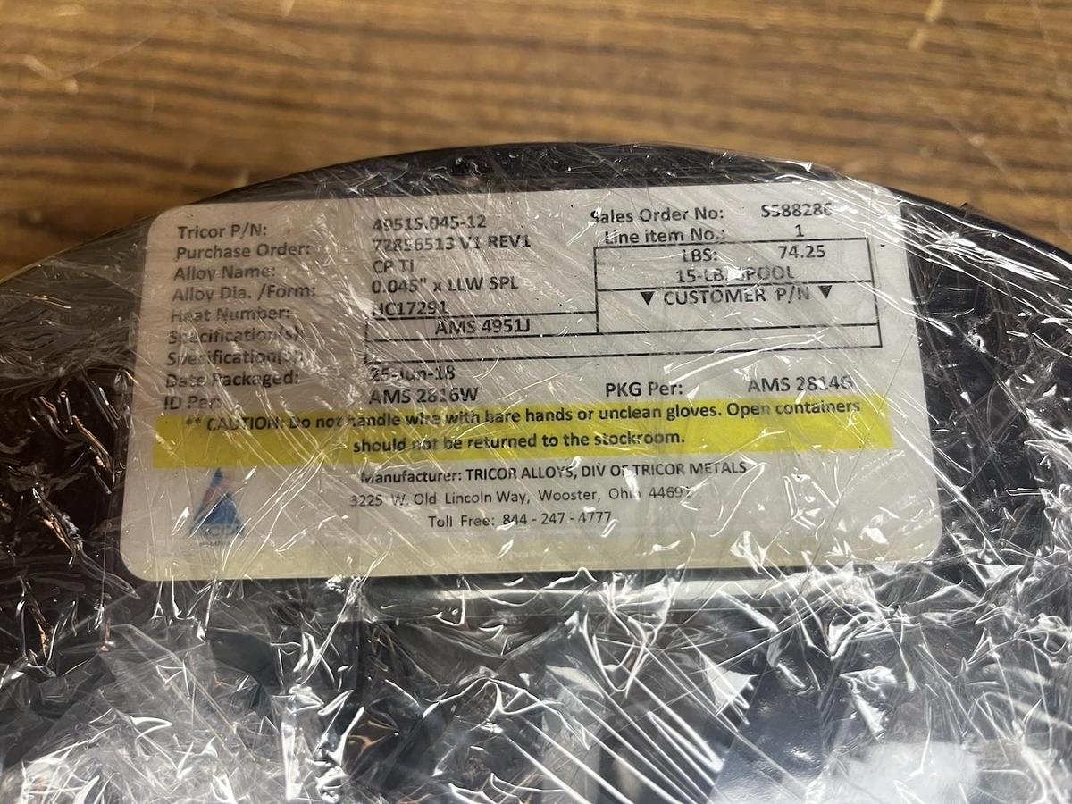 Used TRICOR ALLOYS,AMS-4951J,WELD TI WIRE DIA .045 SPOOL 15LBS