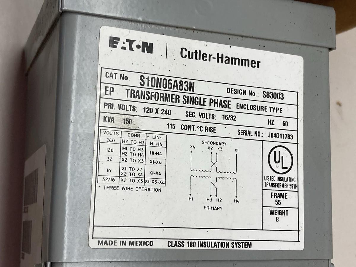 Eaton Cutler-Hammer,S10N06A83N,Single Phase Transformer 60hz 0.150KVA 16/32V