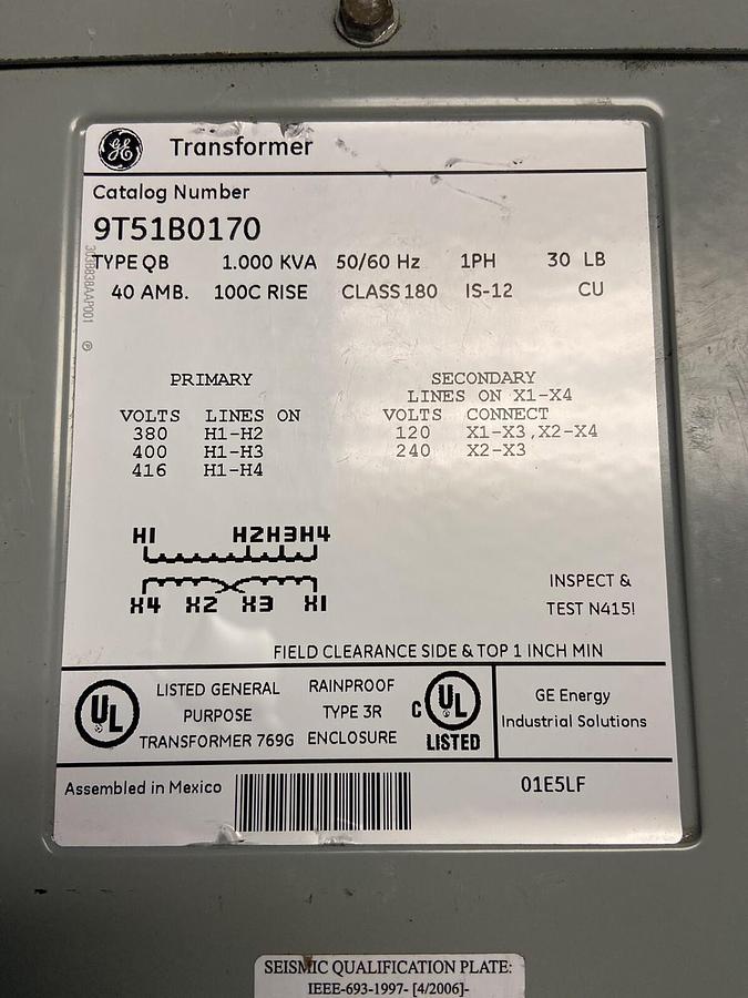 GE,9T51B0170,Transformer 1KVA Phase 1  Primary 380/400/416V Secondary 120/240V