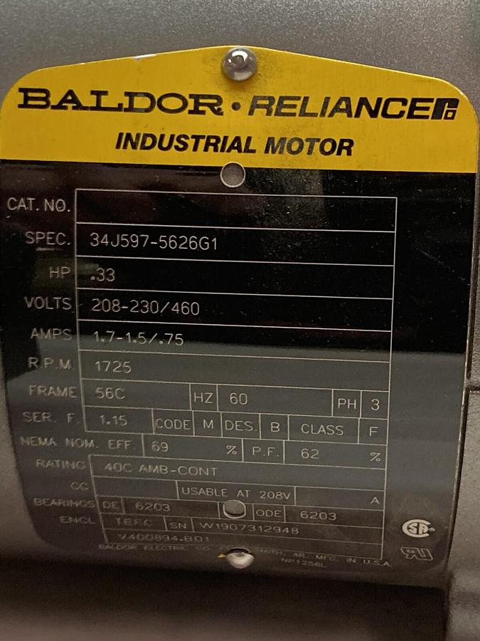 Baldor,34J597-5626G1,3-Phase Industrial Motor 0.33 Hp 208-230/460V