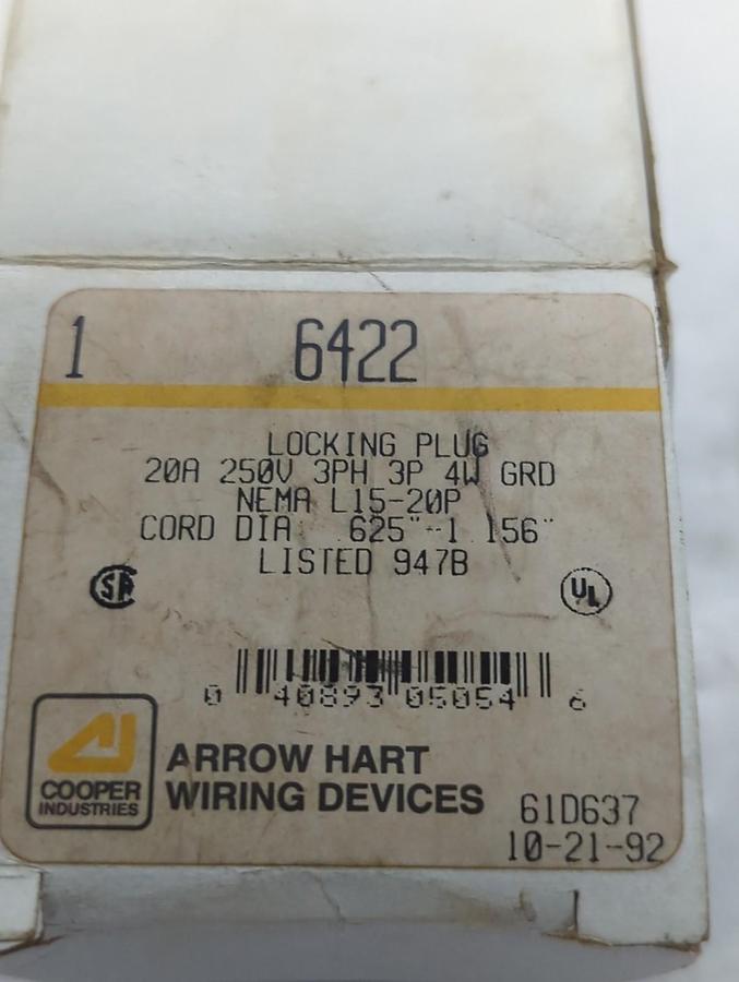 ARROW HEART,6422,LOCKING PLUG NEMA 1 15-20P 250V 20A 3PH 3P 4W NOS