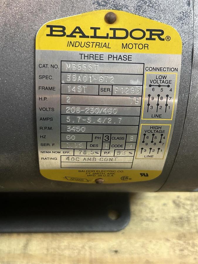 Used BALDOR,M3555T,MOTOR 2HP 208-230/460V 3450RPM 3PH 145T FRAME