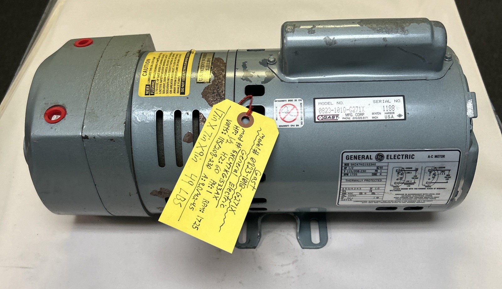 Used GAST,0823-10Q1-G271X,VACCUM PUMP COMPRESSOR / 5KC47KG1533AX 1/2HP 115/208-230V