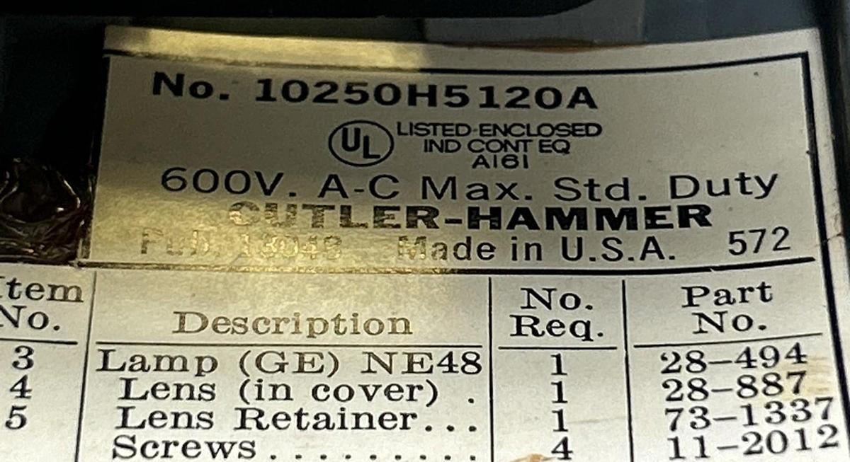 CUTLER-HAMMER,10250H5120A,ILLUMINATED LIGHT NOS