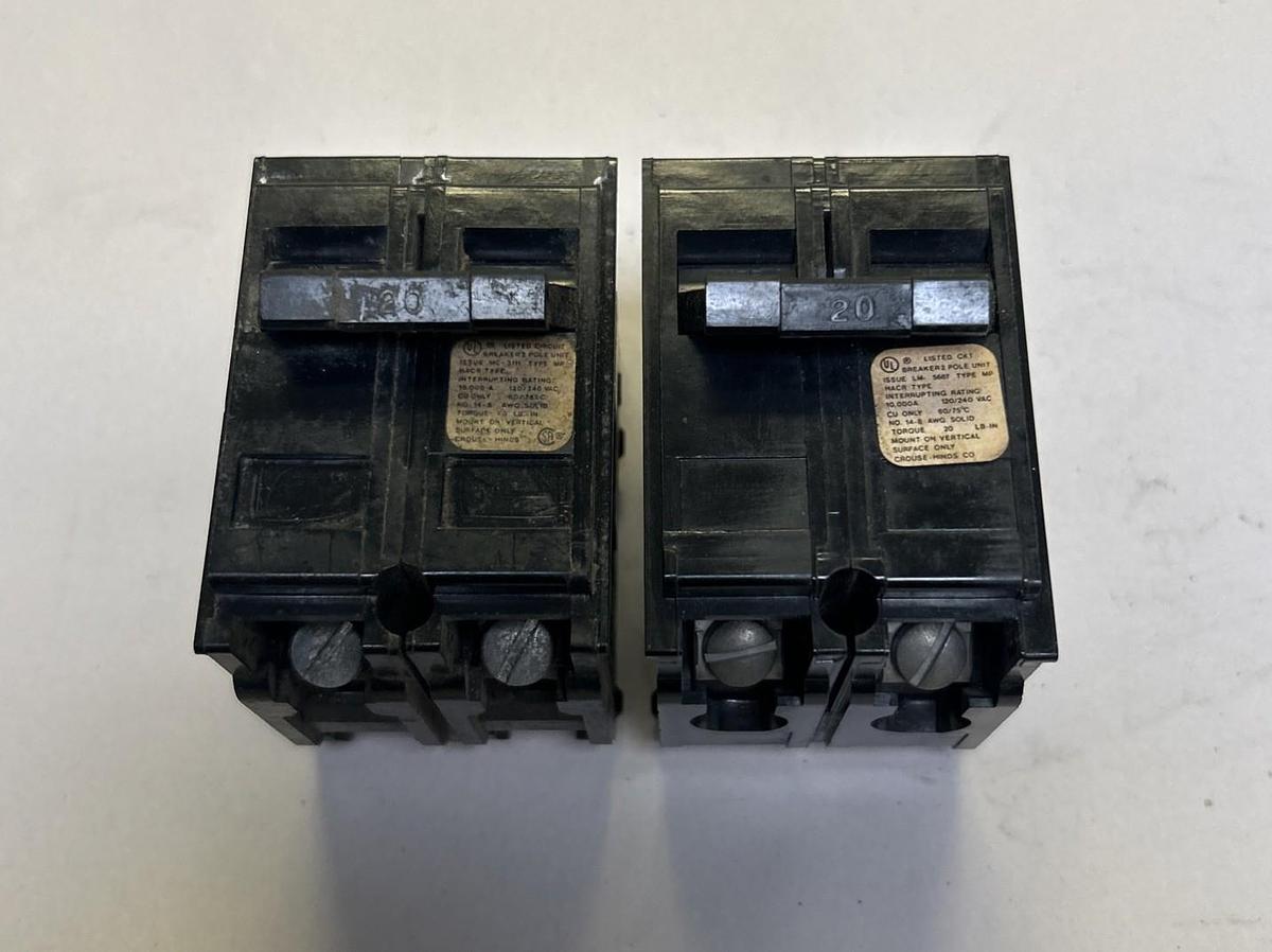 Used CROUSE HINDS,MP220,CIRCUIT BREAKER 20A 120/240V 2P LOT OF 2