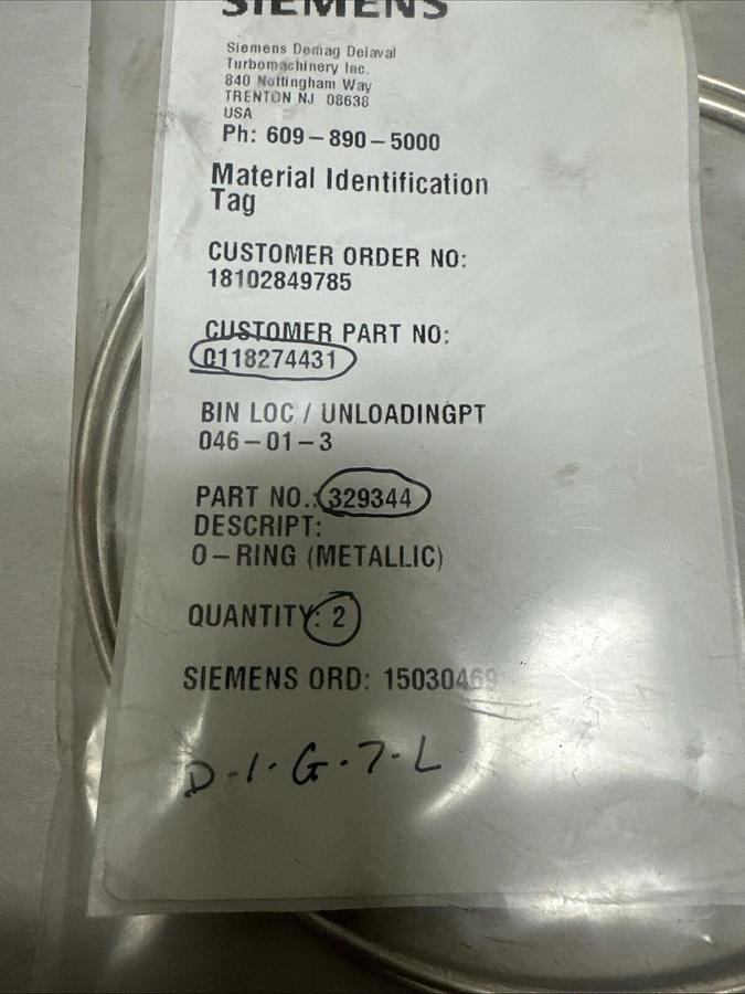 Used Siemens,329344,Metallic O Ring Qty 2