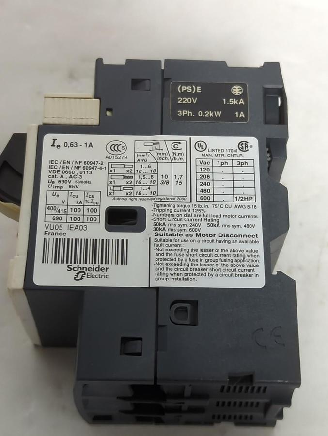Used TELEMECANIQUE,GV2ME05/0.63-1A,MOTOR STARTER/PROTECTOR SWITCH PRE-OWNED