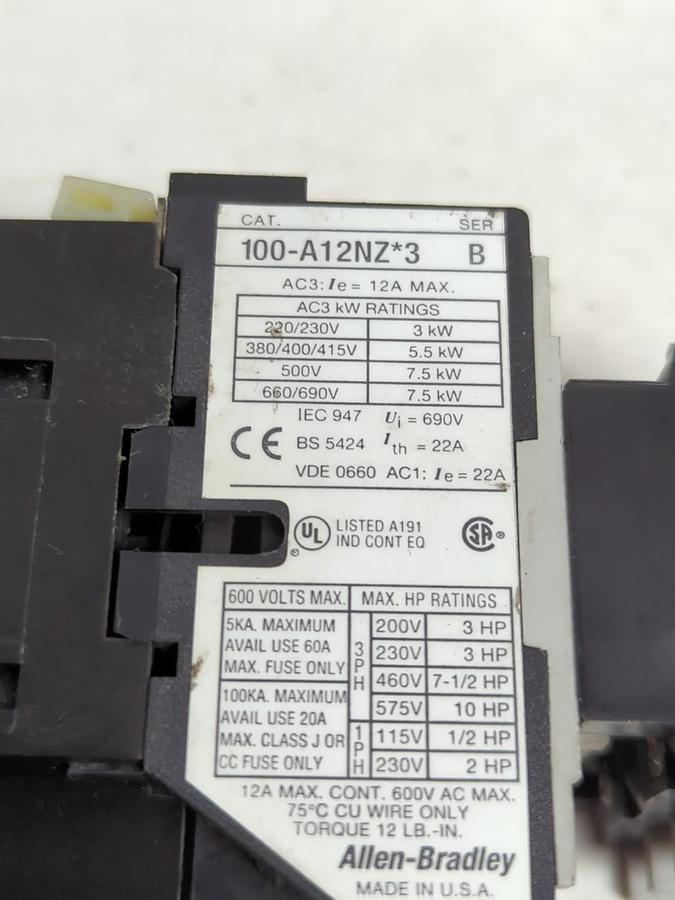 Used ALLEN BRADLEY,100-A12NZ*3,CONTACTOR WITH 195-FA22A PRE-OWNED