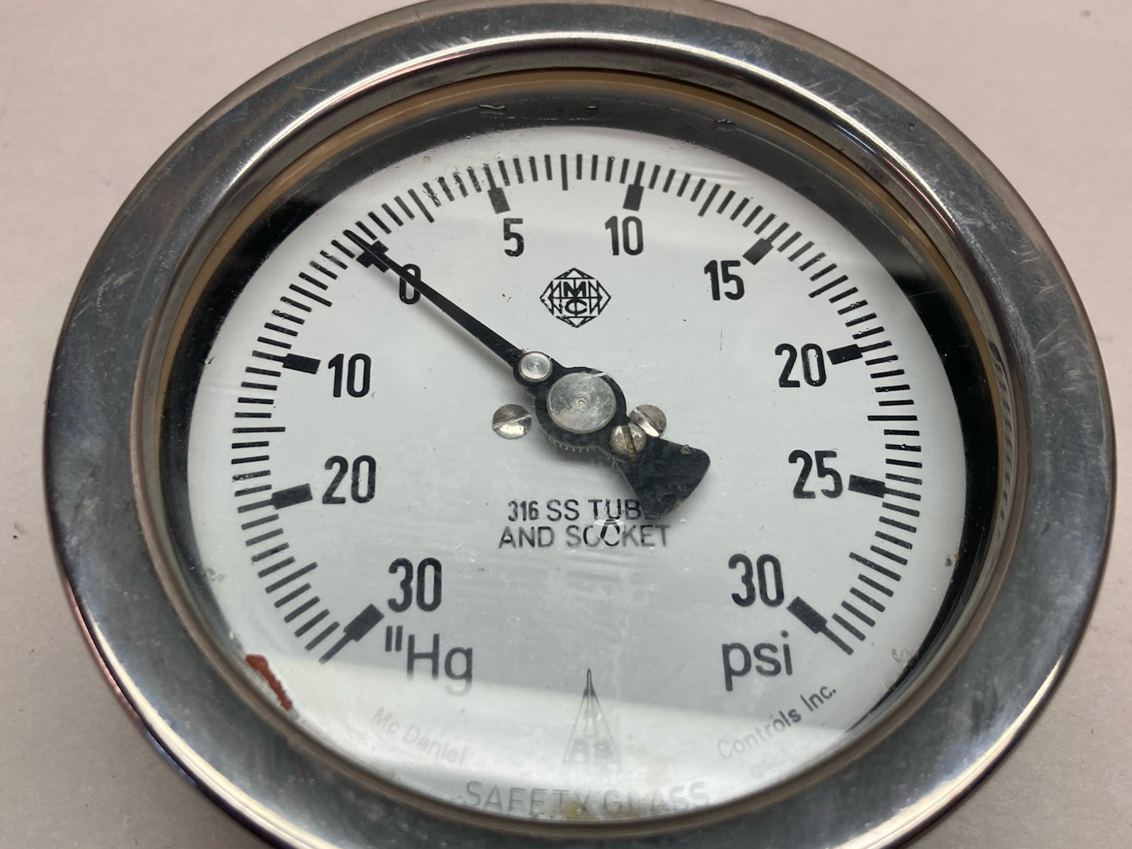 Used McDaniel Controls,30Hg-0-30OPsi,Pressure Gauge 316 SS Tube and Socket