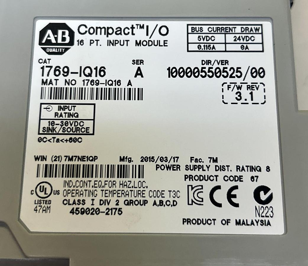 Used ALLEN BRADLEY,1769-IQ16,INPUT MODULE
