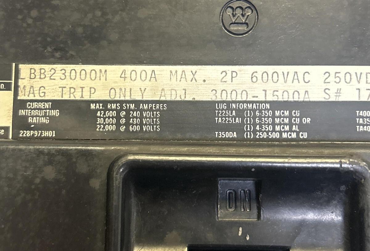 Used WESTINGHOUSE,LBB23000M,CIRCUIT BREAKER 400A 600V 2P