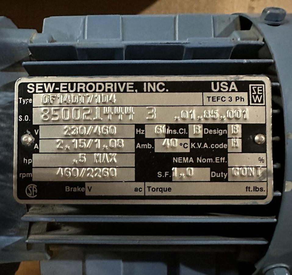 Used SEW-Eurodrive,S42014DT71D4,Gearmotor Ratio 29.70 Torque 270 Lb-In 1/2Hp Out 76 R