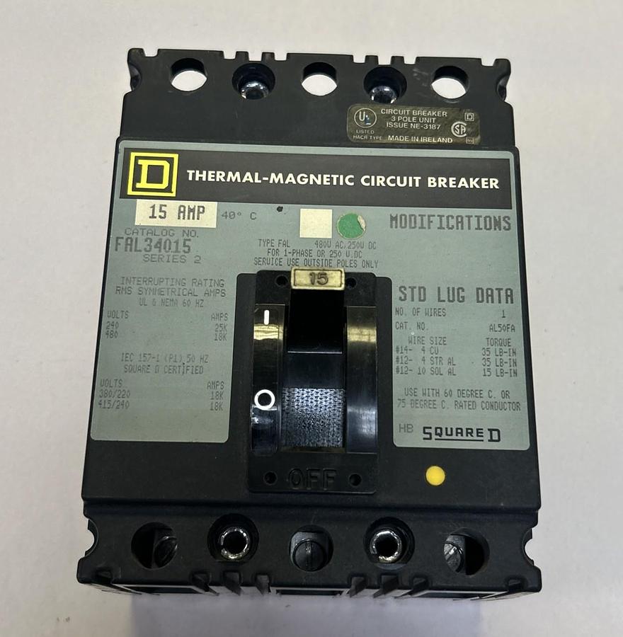 Used SQUARE D,FAL34015,CIRCUIT BREAKER 15A 480V 3P