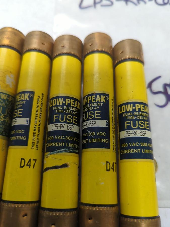 Used COOPER BUSSMANN,LPS-RK-6SP,LOW-PEAK 6 AMP FUSE LOT OF 5 PRE-OWNED