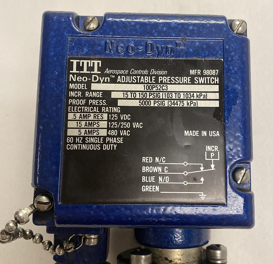 Used ITT Neo-Dyn,100P52C3,Adjustable Pressure Switch 5000 PSIG