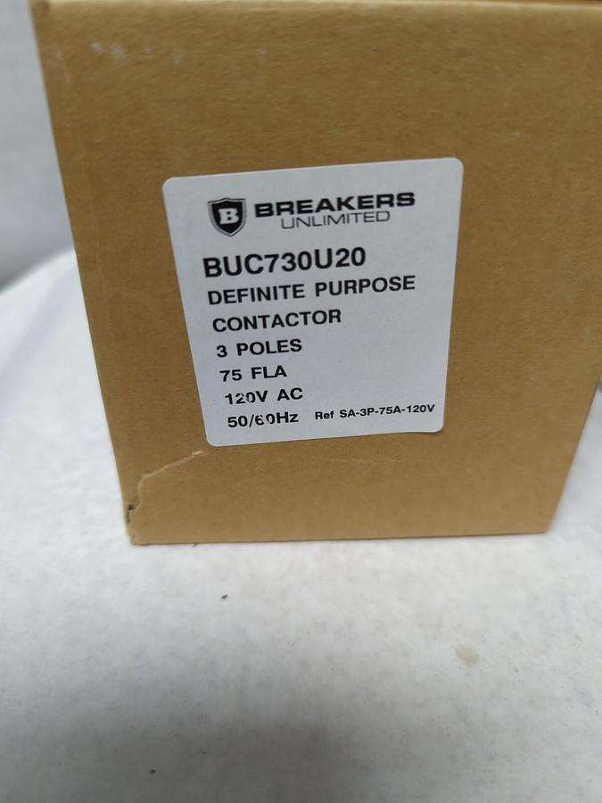 BREAKERS UNL.,BUC730U20,DEFINITE PURPOSE CONTACTOR 3-POLE 75 FLA 120V AC NEW
