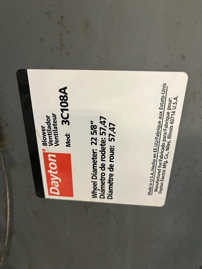 Used DAYTON,3108A,BLOWER 15HP 1170RPM 3PH WHEEL DIA 22-5/8"