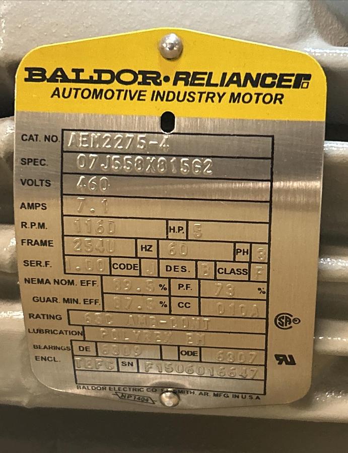 BALDOR,AEM2275-4,SUPER-E MOTOR 5HP 1160RPM 460V 3PH 254U FRAME NOS