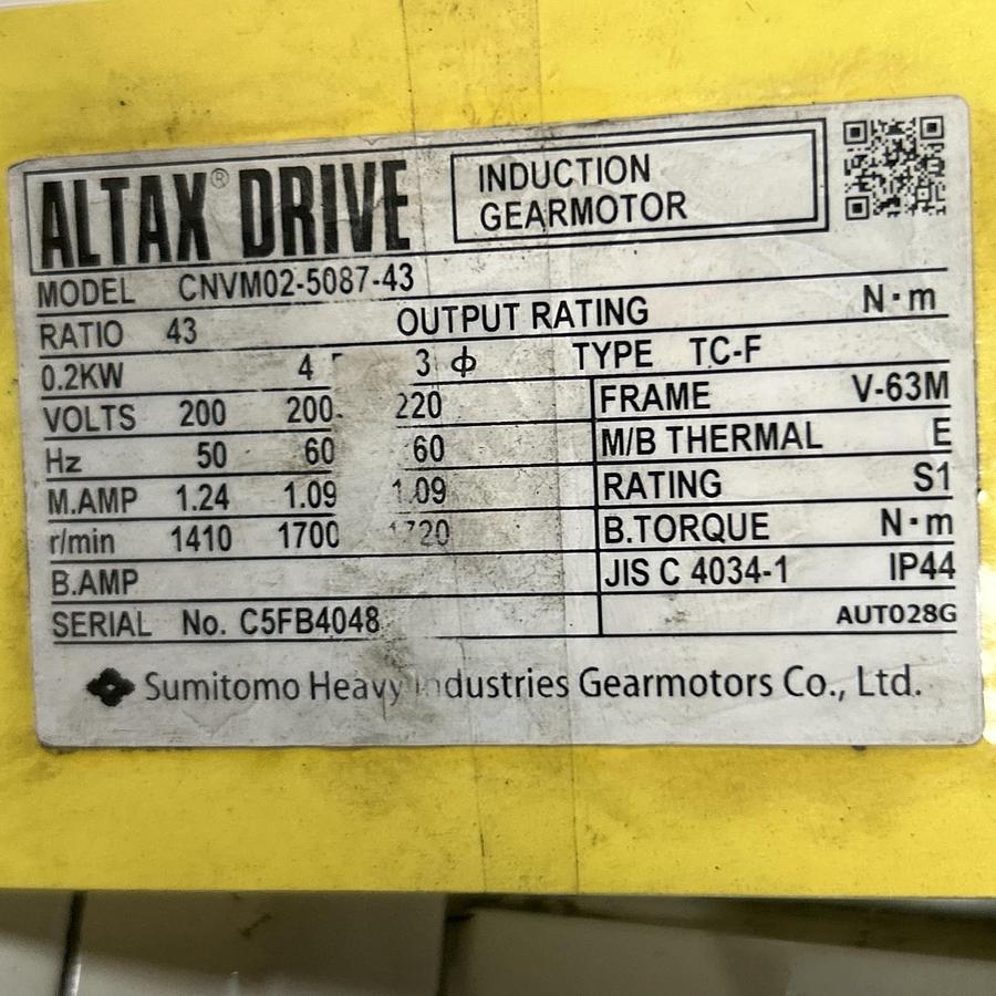Used ALTAX,CNVM02-5087-43,GEAR MOTOR 0.2KW 220V 1720RPM 43:1 RATIO