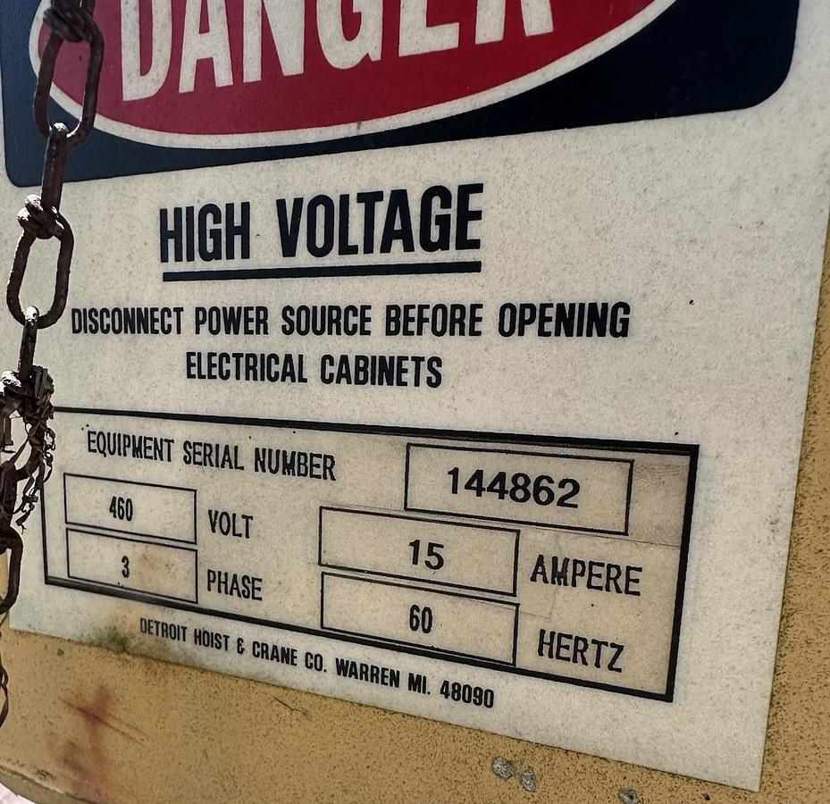 Used 7.5 Ton Detroit Overhead Crane Hoist w/32' 8" Beam