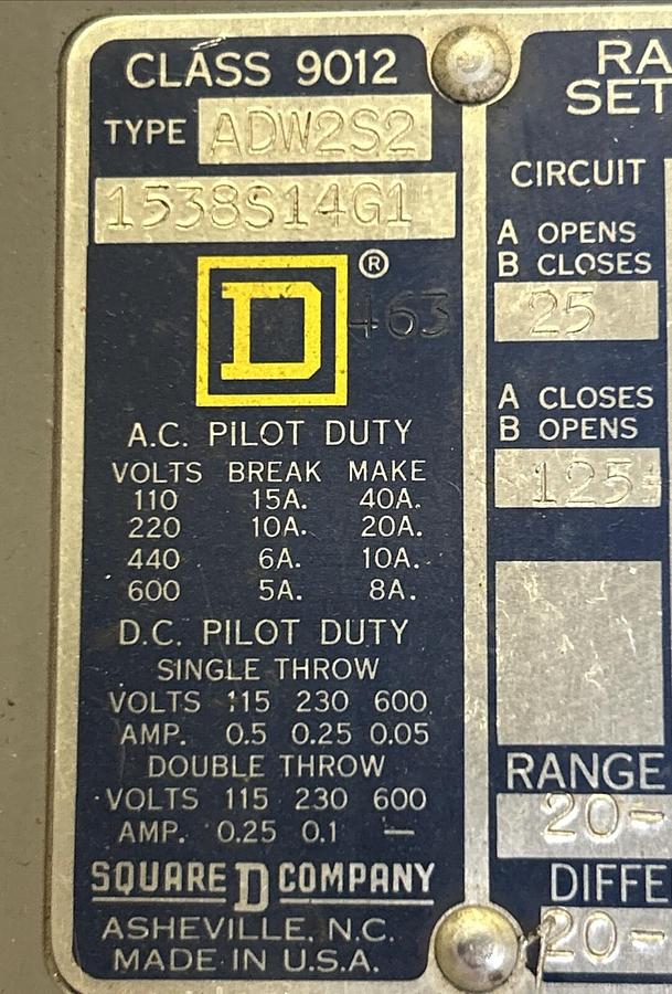 Used SQUARE D,9012ADW2S2,PRESSURE CONTROL SWITCH