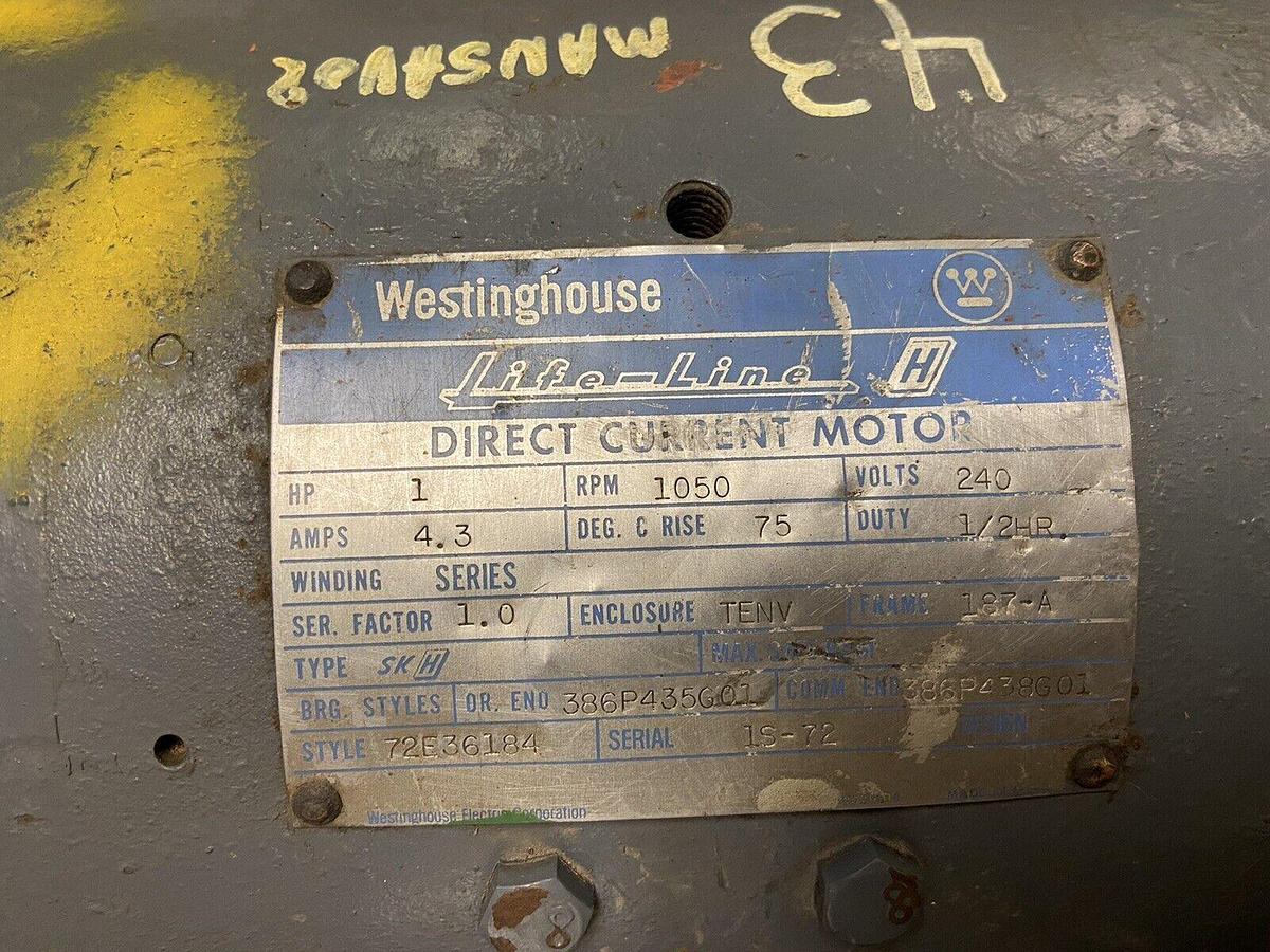 Used Westinghouse Life-Line,187-A,1Hp DC Motor 1050RPM 240VDC 4.3Amps Frame 187-A
