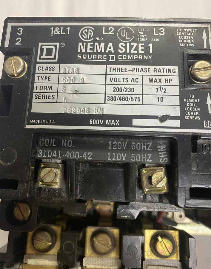Used Square D,8736 SC0 8,Reversing Motor Starter Size 1 120V Coil