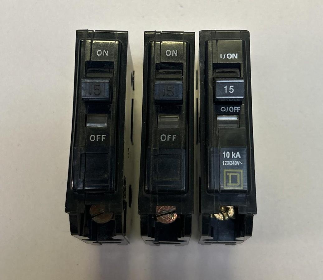 Used SQUARE D,QO115,CIRCUIT BREAKER 15A 120/240V 1P LOT OF 3