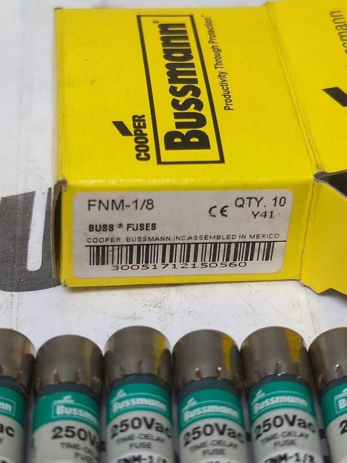 COOPER BUSSMANN,FNM-1/8,TIME DELAY 1/8 AMP FUSES BOX OF 10 NEW