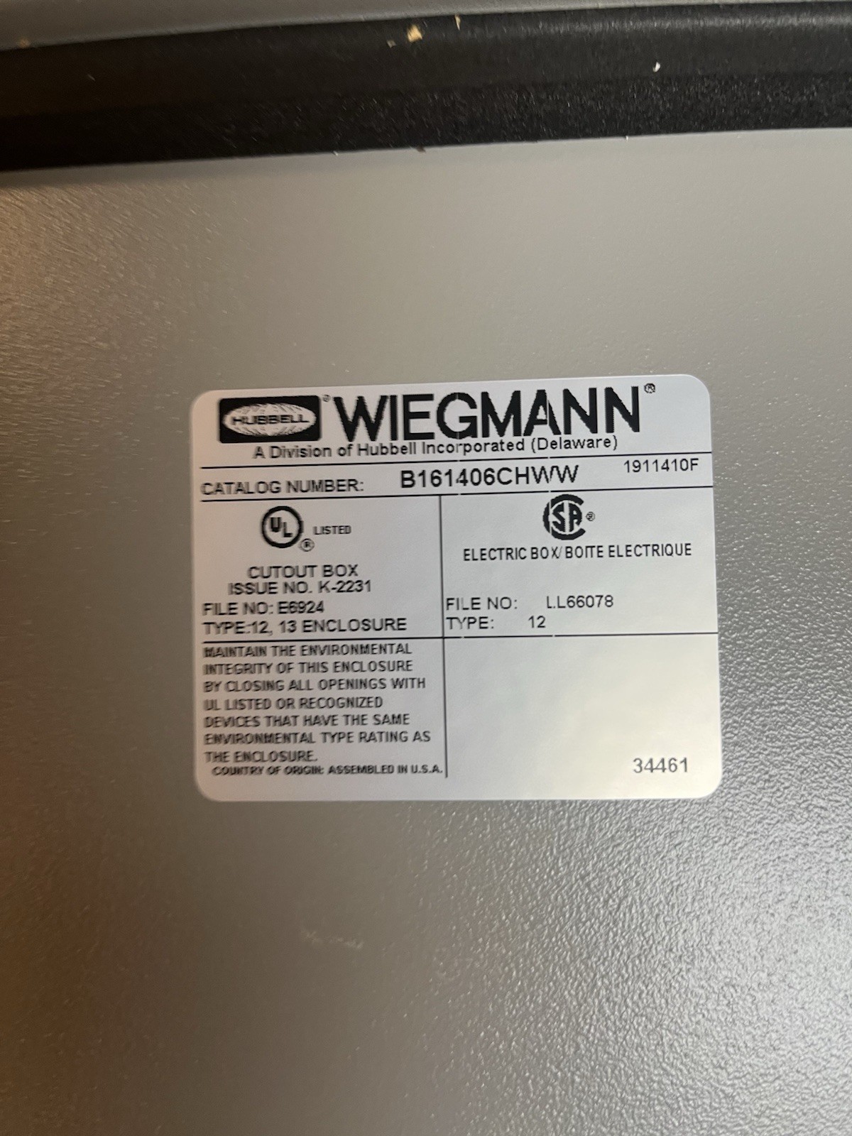 WIEGMANN,B161406CHWW,ELECTRICAL ENCLOSURE 16"X14"X6" TYPE 12,13