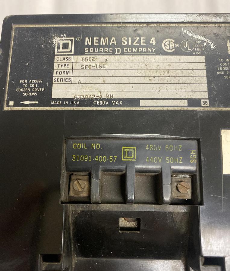 Used Square D,8502 SF0-1S1,Nema Size 4 Starter